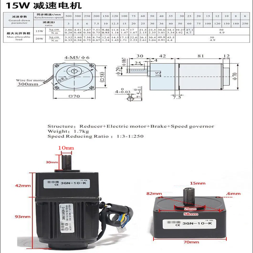 (6IK250GN-SS3FMT 6GN3K-180K) 104mm Gear Motor Electric Motors 250W