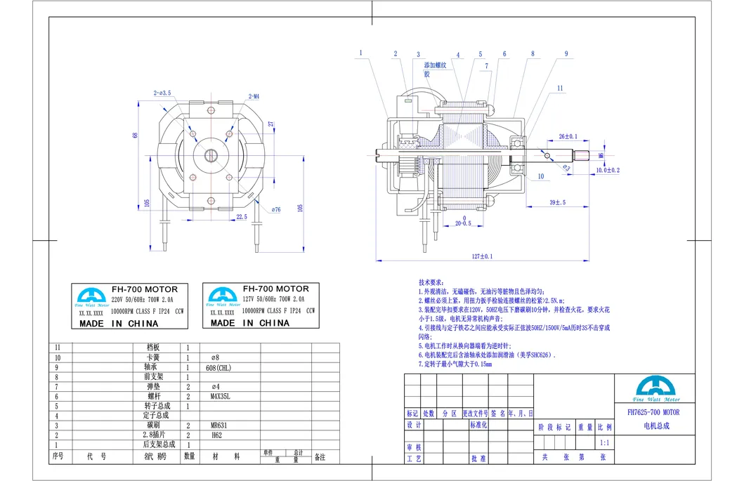 1000W 7630 CCA Wire Universal AC Motor for Grass Cutting Machine