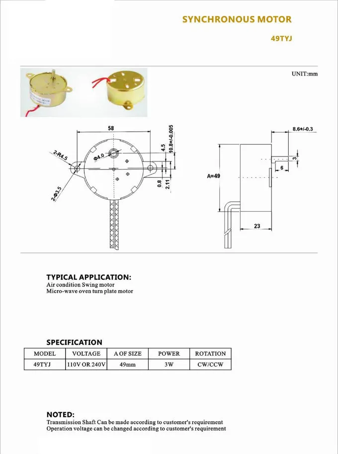 49mm Low Speed Reversible Synchronous Motor for Knife Sharpener/Printer