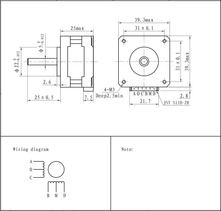 NEMA 16 39 mm 1.8 Degree Hybrid Stepper Motor (39SHD0609-25)