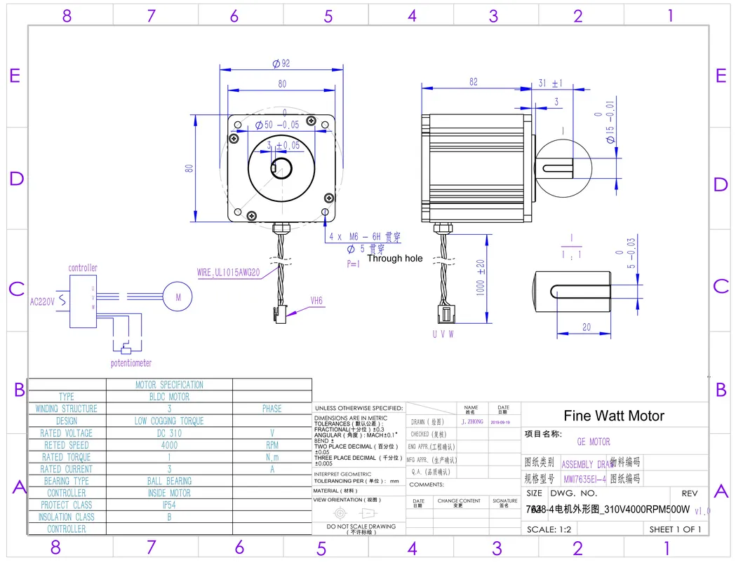 Three Phase Brushless 180-240VAC Motor with High Performance 500W 90 %Efficient