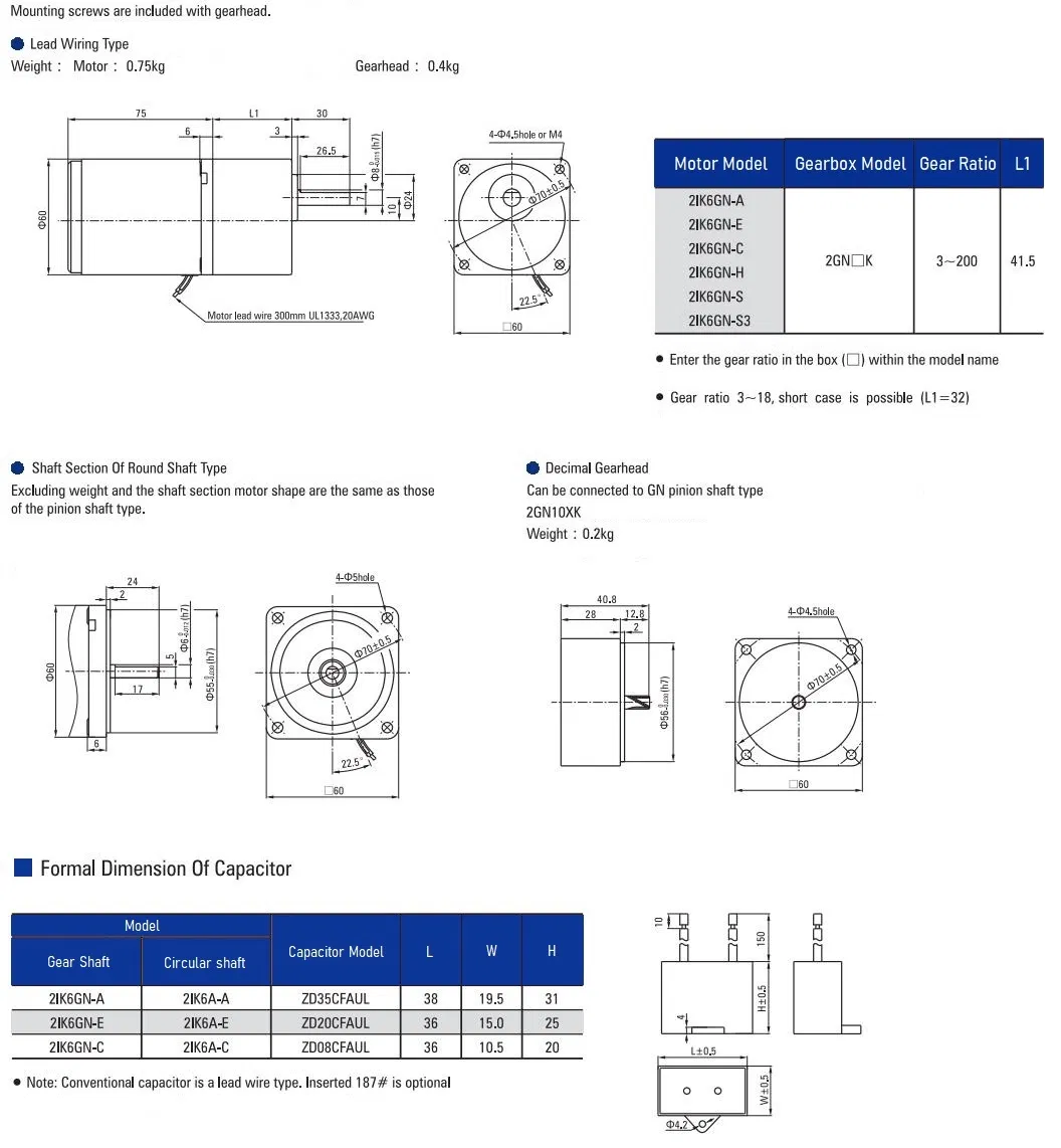 Zd Closed Type Micro 60mm AC Induction Gear Motor